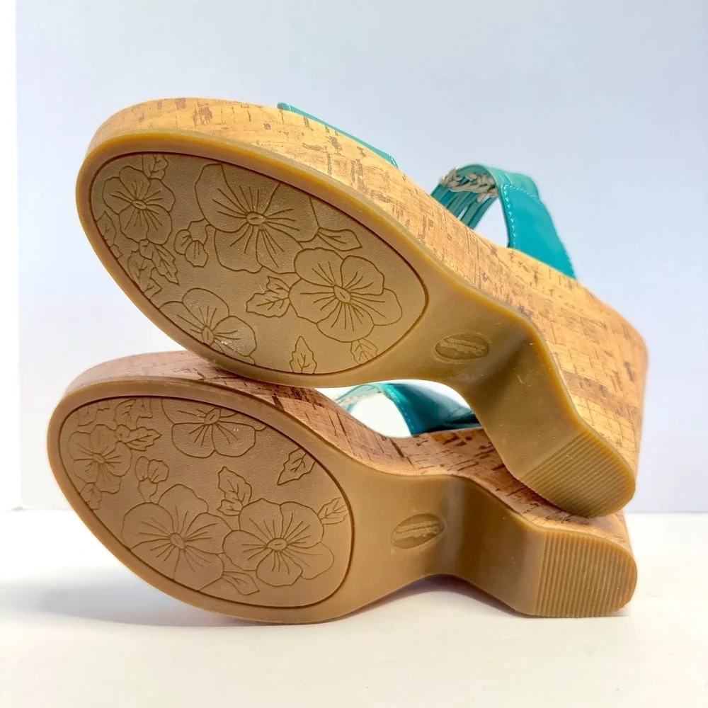 Croft & Barrow Sole (Sense) Ability Cork Wedge Teal Margie Sandals ‎ 9.5 New